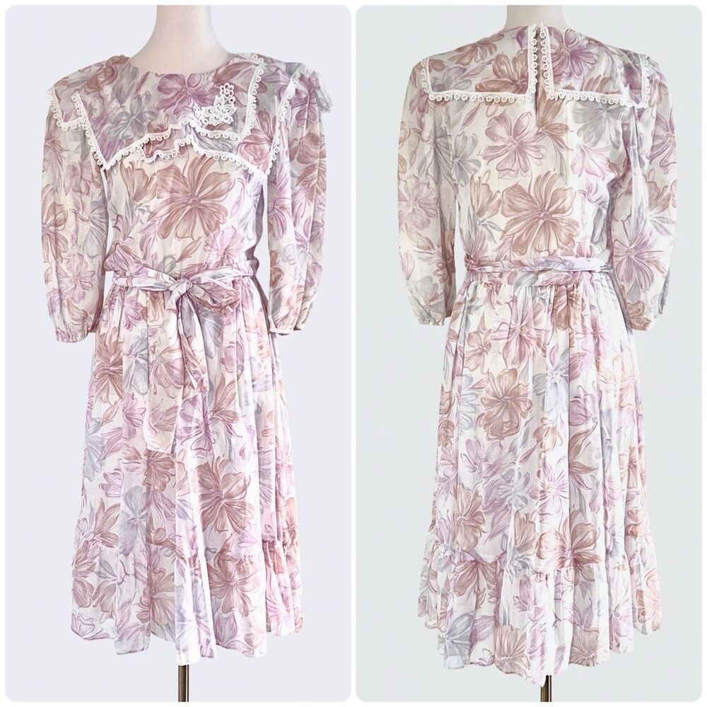 Vintage ILGWU Union Made White Pink Floral Bib Belted Midi Dress Womens sz S